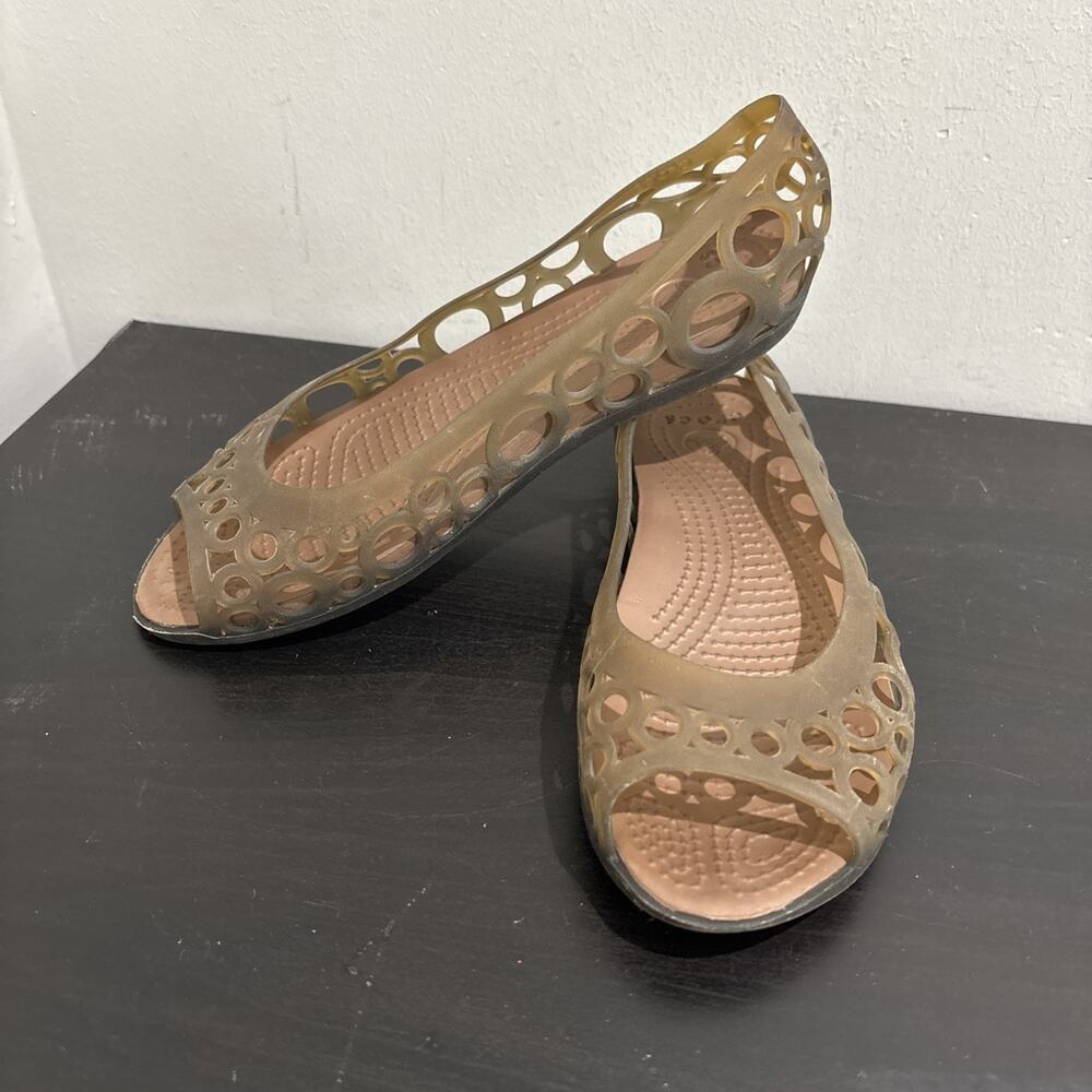 Crocs Adrina Ballet Flats Womens 6 Brown Jelly Slip-On Laser-Cut Peep Toe Shoes